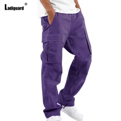 Calças masculinas de bolsos múltiplos, moletom casual, calça cargo monocromática, roxa e cáqui, nova moda ao ar livre, plus size, 5XL, primavera, 2023