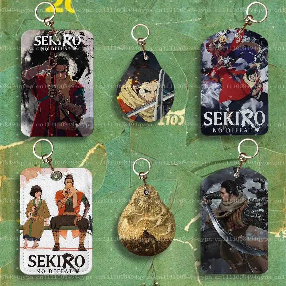 S-Sekiro No Defeat Creative PU Leather Card Holder with Keychain ID Card Holder Protective Cover For Credit Bus Subway Card