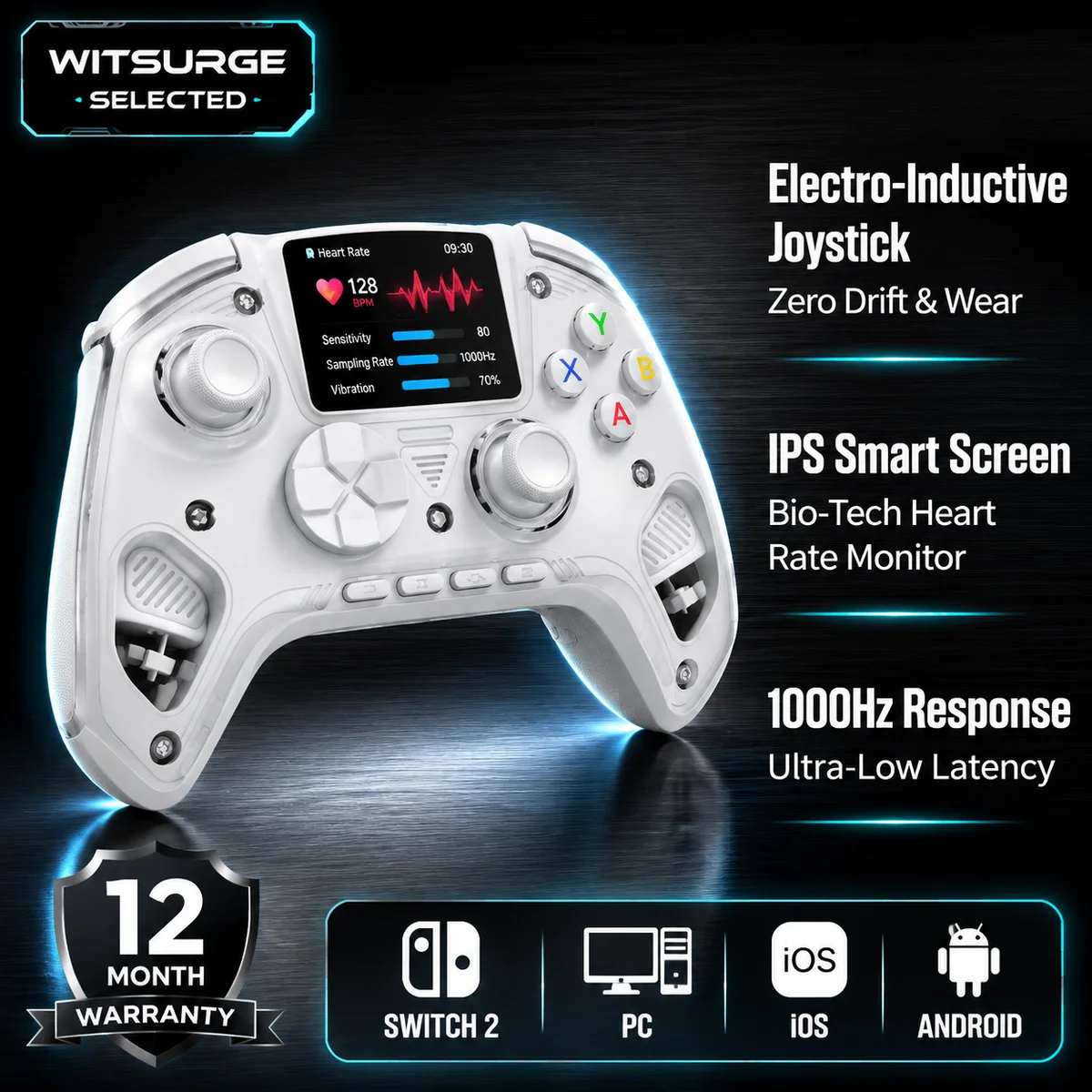WITSURGE SELECTED Wireless IPS Screen Gamepad, Electro-Inductive Joystick,Heart Rate Monitor,1000Hz, 2100mAh for PC Switch 2 ios