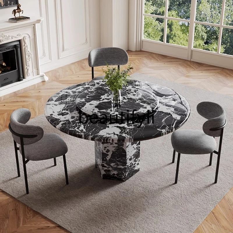 

French retro simple round marble dining table and chair combination with turntable household dining table