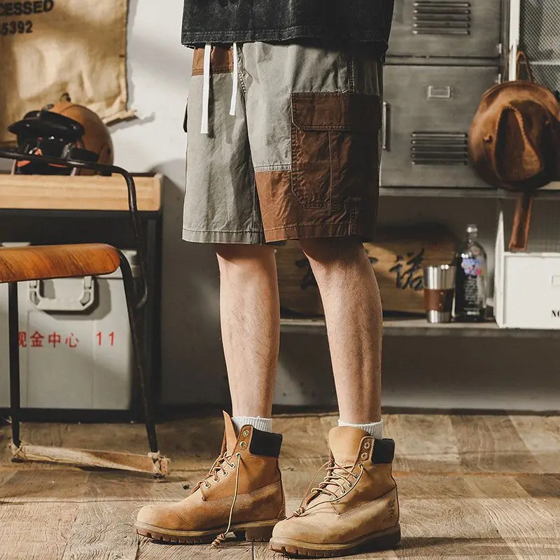 American Vintage Summer Casual Shorts Men\'s Elastic Waist Drawstring Contrast Color Pockets Trend Loose Cargo Knee Length Shorts