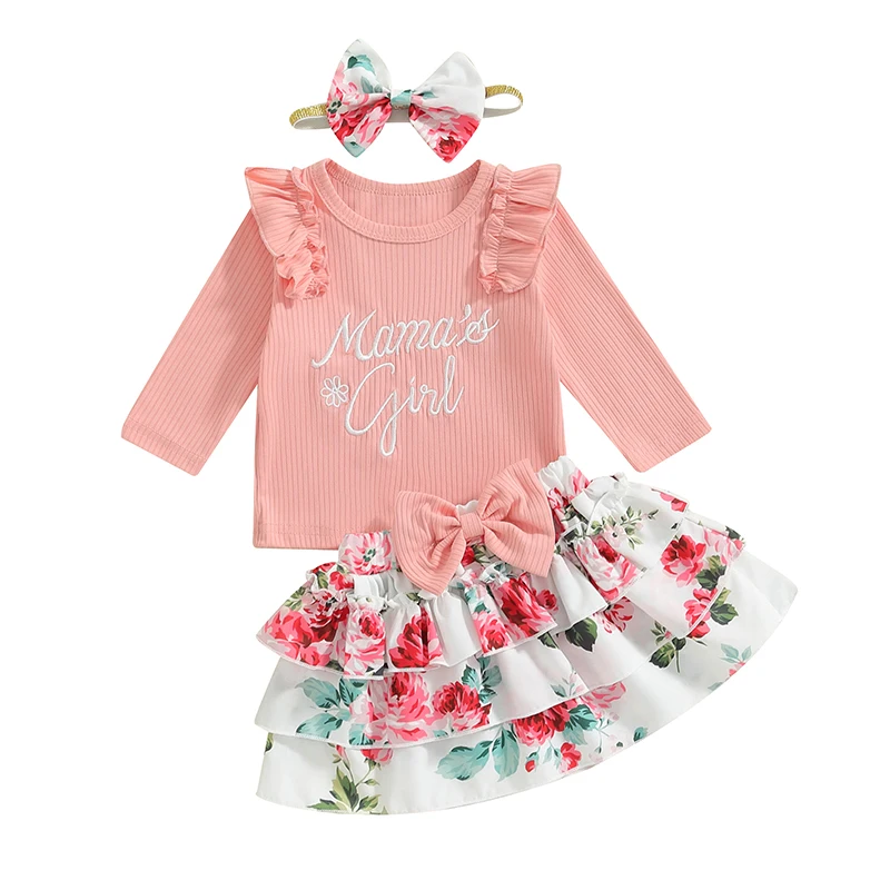 

Baby Girls Fall Outfits Letter Embroidery Long Sleeve Tops with Tiered Ruffled Floral Skirt and Headband 3Pcs Set