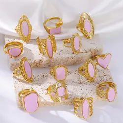 Luxury Pink Stainless Steel Ring for Women Open Wide Finger Ring New Trendy Party Waterproof Jewelry Wedding Accessories Gifts