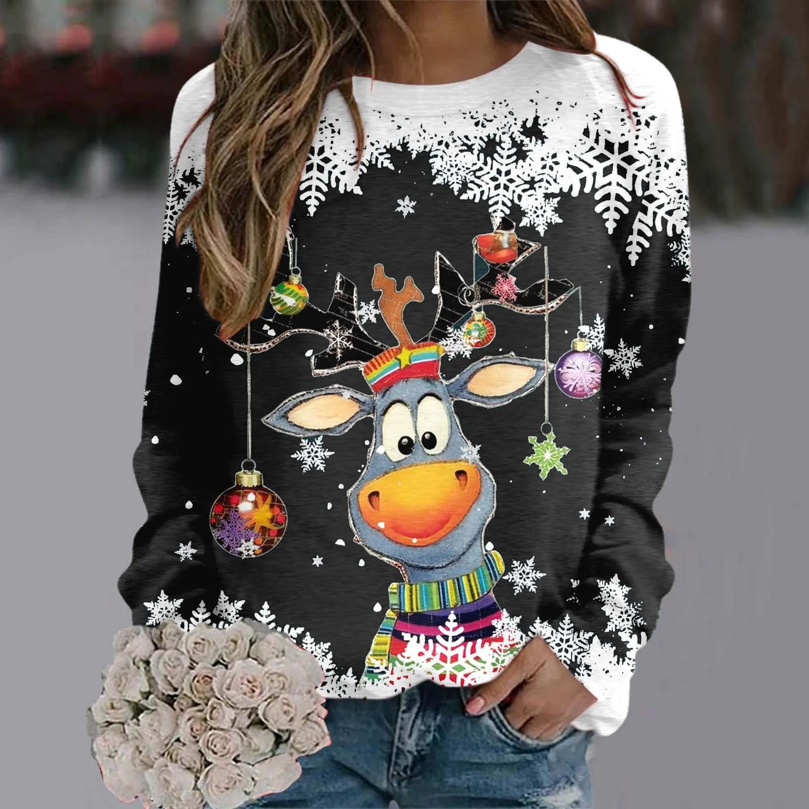 

Teen Girls Long Sleeve Crewneck Sweatshirt Sweaters For Women Christmas Cute Reindeer Graphic Xmas Shirts Fleece Clothes Women