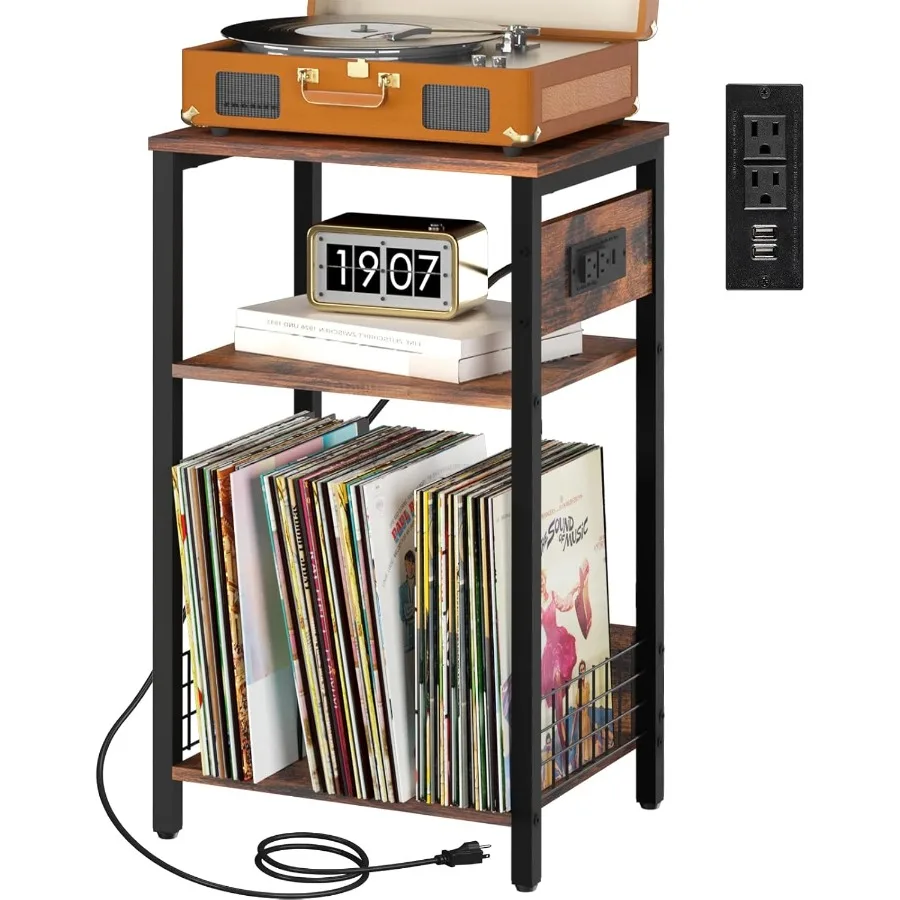 

Подставка для проигрывателя пластинок. 3-х уровневый белый приставной столик с зарядной станцией. Маленький торцевой столик. Держатель для пластинок с виниловым хранилищем. Прикроватный столик.