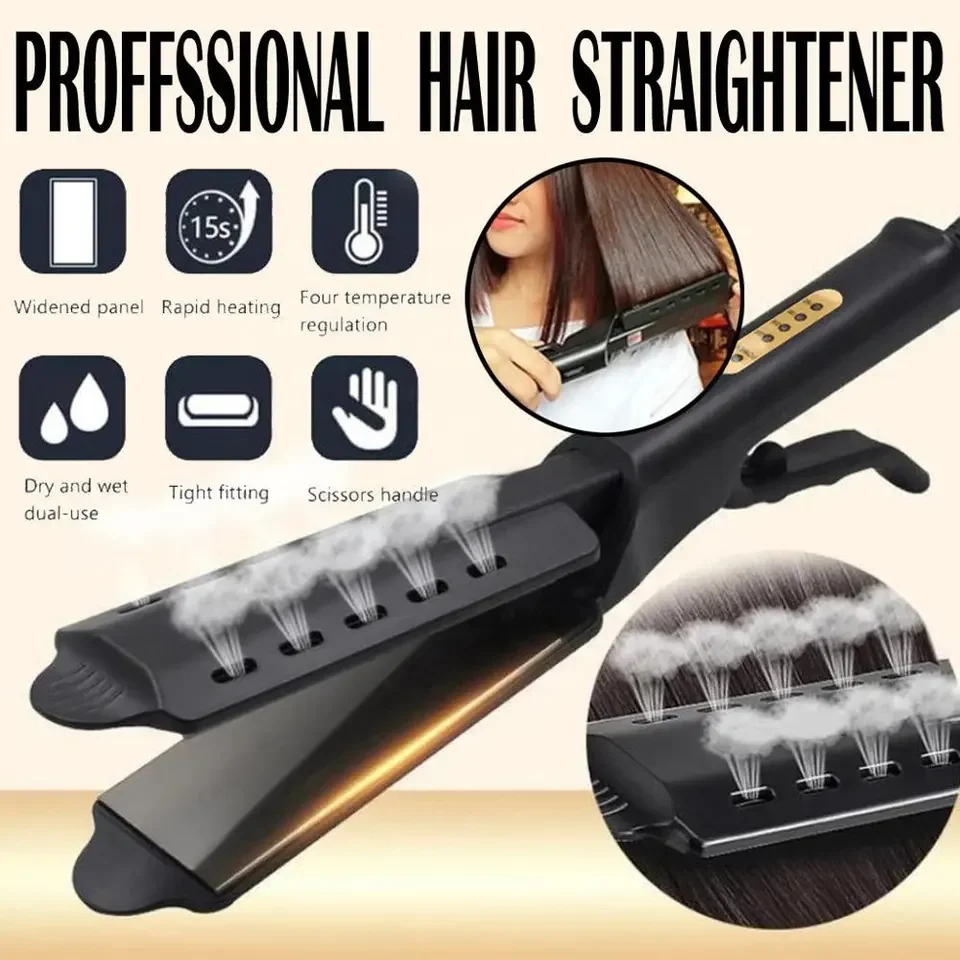 Plancha de pelo plana iónica de placa ancha, alisador de pelo de vapor profesional de alta tecnología, temperatura ajustable, 4 engranajes, gris