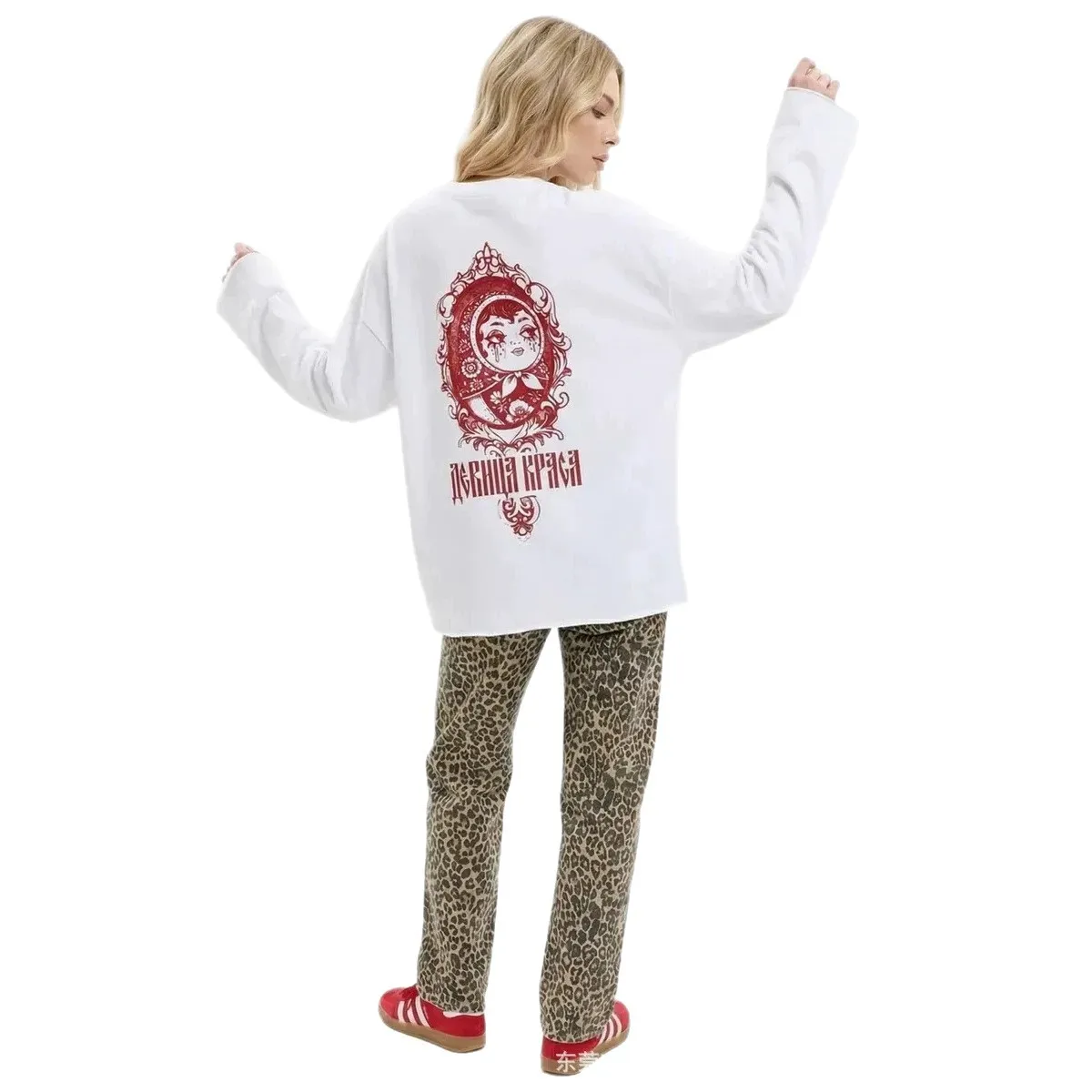 Chic Russian Vintage Folk Matryoshka Doll Graphic Oversized Cotton Long Sleeve Tee Women Aesthetic Crew Neck Casual Fall T‑Shirt