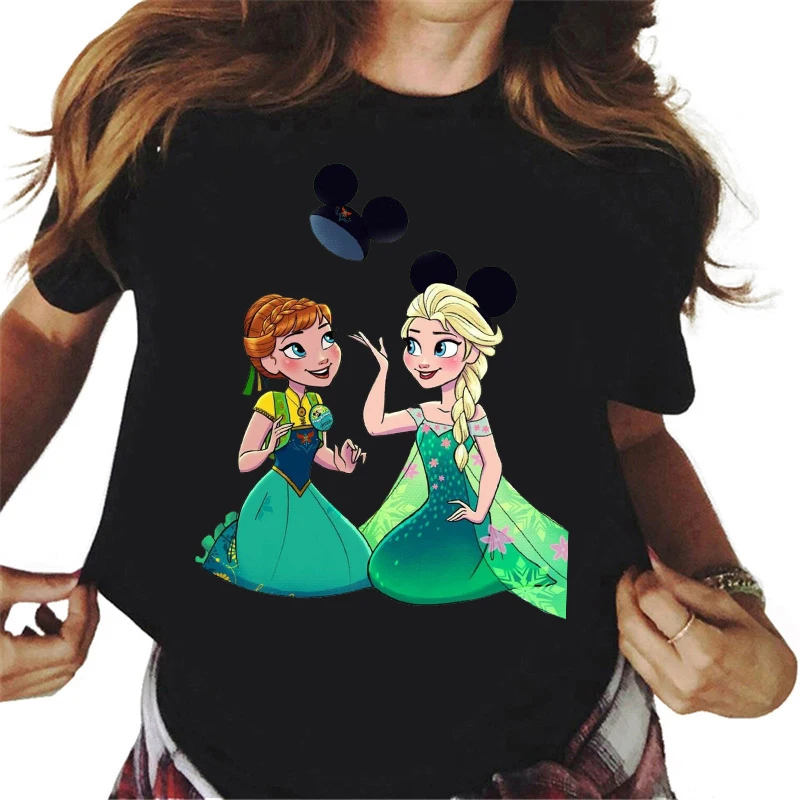 Mickey Ear Hat Ariel The Little Mermaid Print Women T-shirts Casual Streetwear Vintage Harajuku Princess Print T Shirt 90s Girls