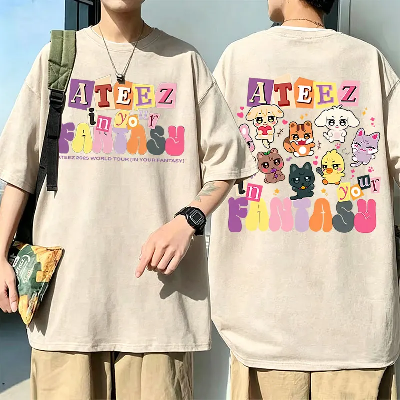 Washed Vintage Korean Kpop Ateez 2026 World Tour in Your Fantasy T Shirts Men Women Casual Funny T-shirt Male Oversized T-shirts