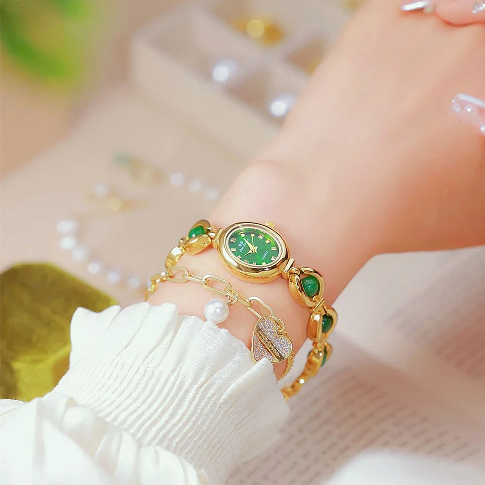 Vintage Green Jade Crystal Pearl Gemstone Women's Watch Elegant Gold Bracelet Waterproof Quartz Watch with Gift Box FA1685