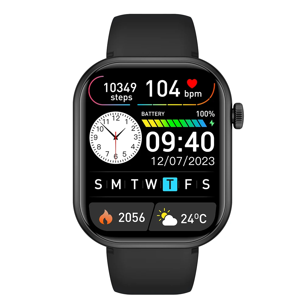 

Large Screen Fitness Tracker Smartwatch Sports Monitoring Watch Heart Rate Steps Call Notification Black Silicone Band