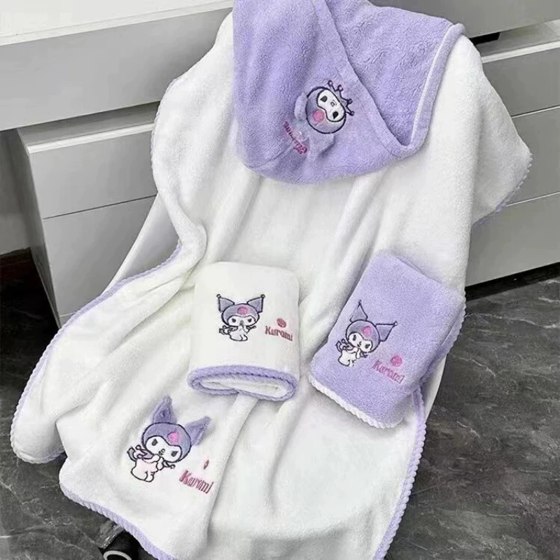 Anime Kuromi Children Coral Plush Towel Bath Towel Combination Absorbent and Non Hair Falling Soft Girl Shower Quick Drying Wrap