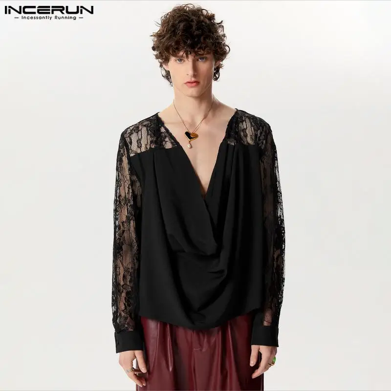 INCERUN Tops 2024 American Style Men\'s Pile Up Collar Design Shirts Splicing Lace Handsome Male Solid Long Sleeved Blouse S-5XL