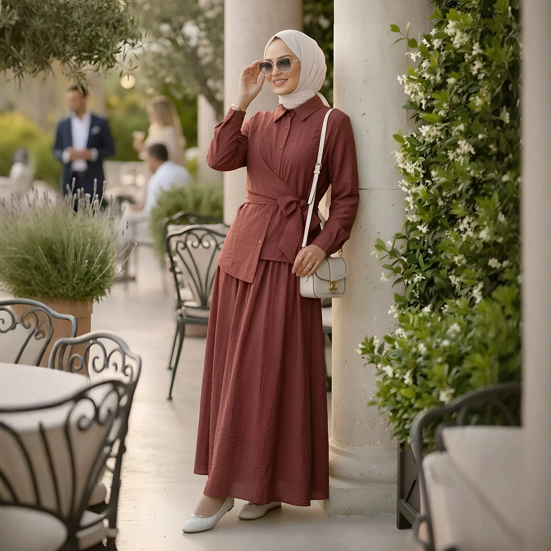 Eid Muslim Sets for Women Long Sleeve Waist Knot Shirt Skirt 2 Piece Blouse Dress Femme Musulman Ensembles Abaya Islam Outfits
