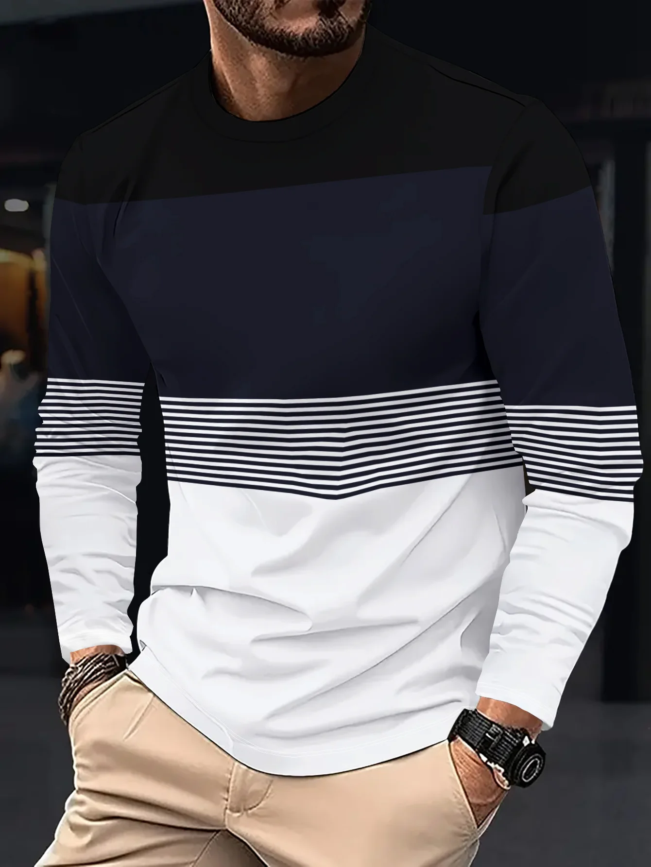 Men's printed casual long-sleeve shirt, street-style trendy fashion T-shirt, breathable, versatile for outdoor wear, loose fit.