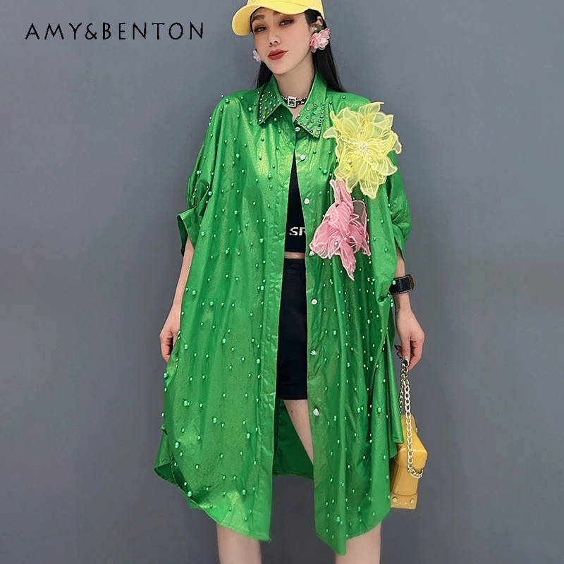 2024 Summer Women's Long Shirt Heavy Industry Beads Diamond Three-Dimensional Flower Fashion Casual Loose Elegant Green Blouse