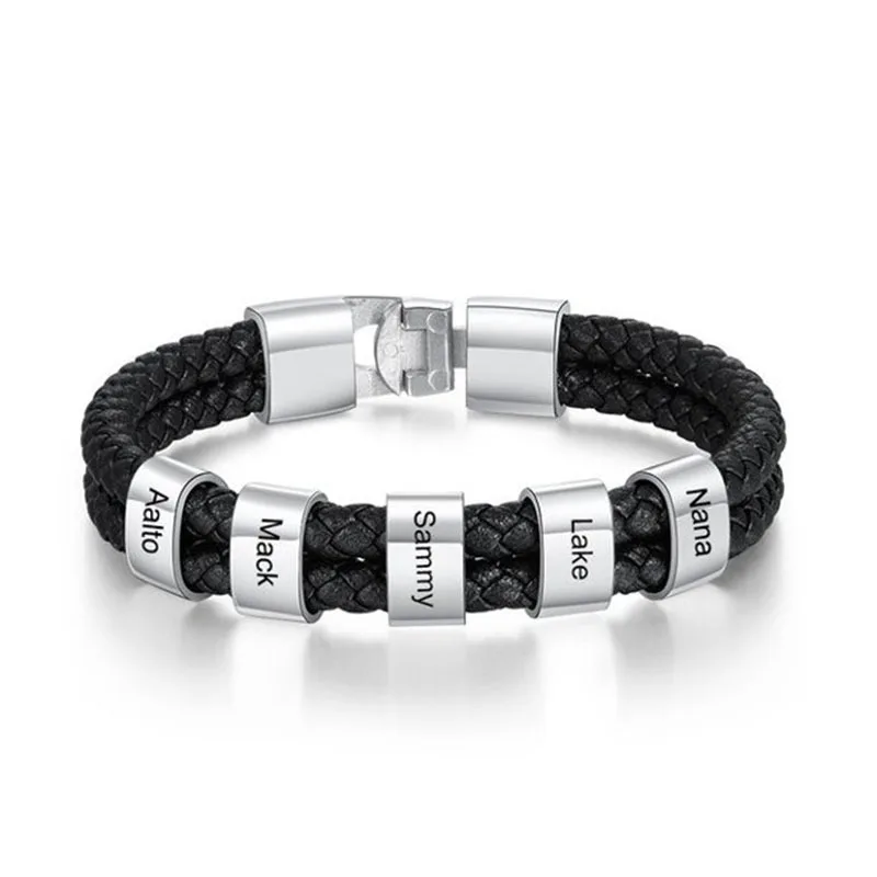 2023 Custom Name Leather Bracelet Personalized Engraving Stainless Steel Beads Family Name Bracelet For Men Jewelry Gift