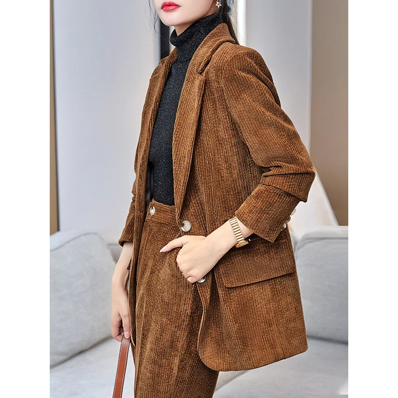 Women\'s Clothing New casual business temperament commuting fashion autumn winter new loose corduroy suit two-piece Pant Suits