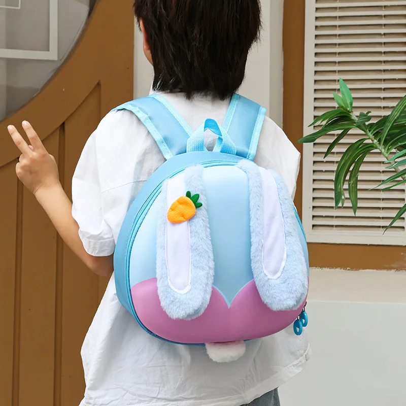 Hard-shell PVC cartoon waterproof schoolbag for kindergarten students, cute rabbit ears, children's travel backpack