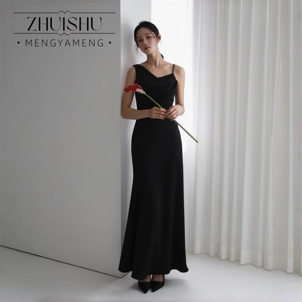 ZHUISHU Simple Black Sheath Wedding Dress Korea Photo Shoot V-Neck Women Spaghetti Straps Pleat Bridal Gowns Customized 웨딩드레스