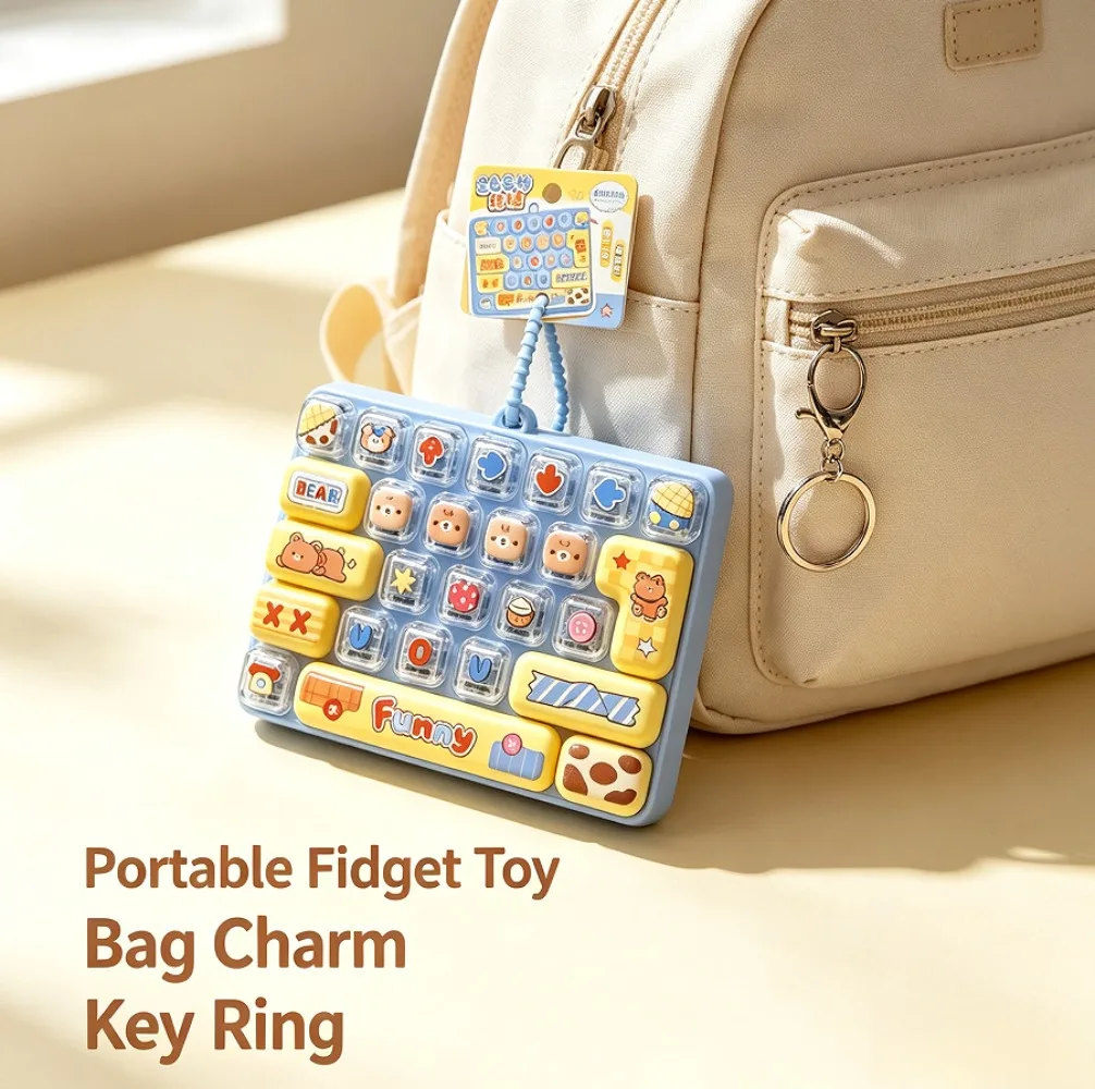 Candy Color Fidget Keycap Clicker Keychain Cute 26 Keys Stress Relief Keyboard Toy Bag Pendant Cartoon Fidget Key Ring view 3