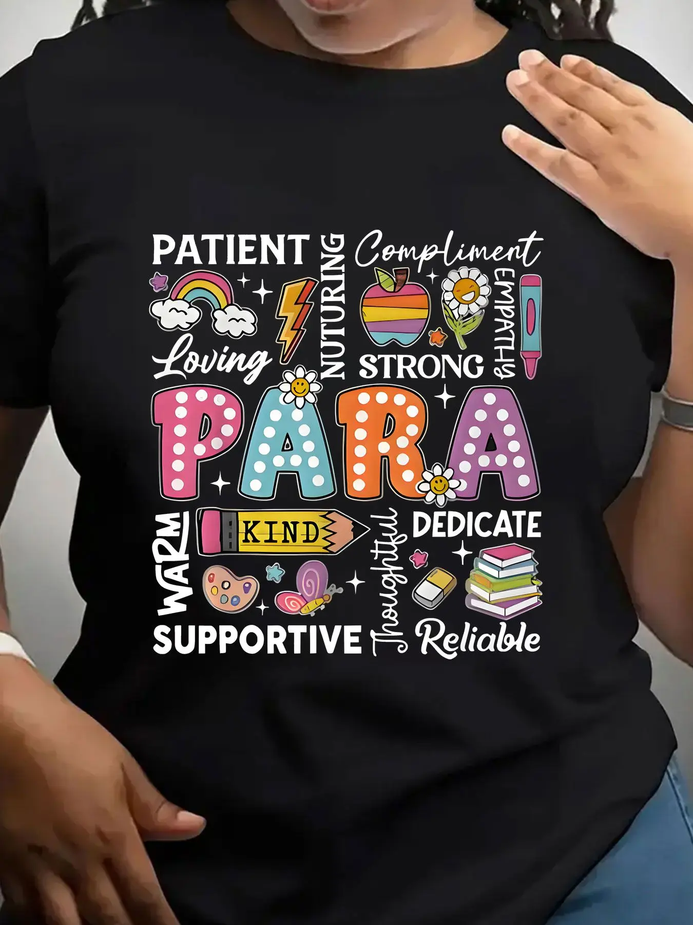 Women's Trendy Crew Neck T-Shirt Colorful Para Teacher Appreciation Design Suitable for Casual Sportswear