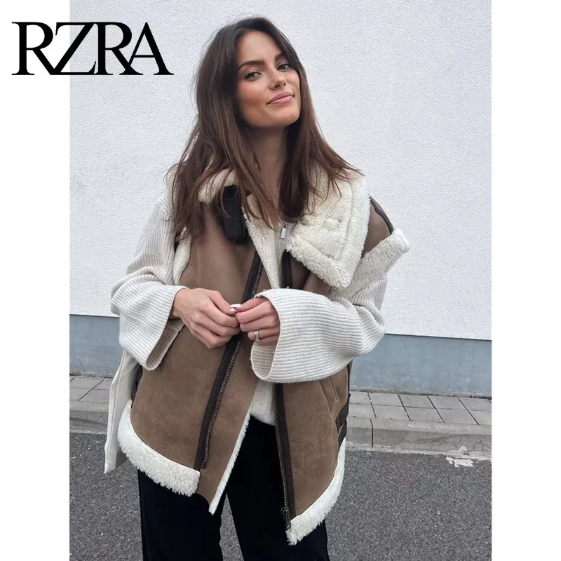 RZRA-Manteau sans Manches Chaud en Fourrure pour Femme, Veste avec Couture Polaire spatirée, Nouvelle Collection Automne Hiver 2024