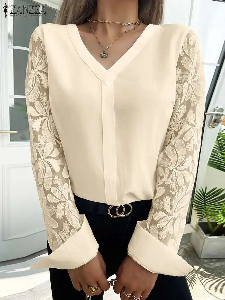 

ZANZEA Women Solid Color Shirt 2024 Spring V-neck Blouse Fashion Lace Stitching Long Sleeve Tops Casual Loose Office Lady Tunics