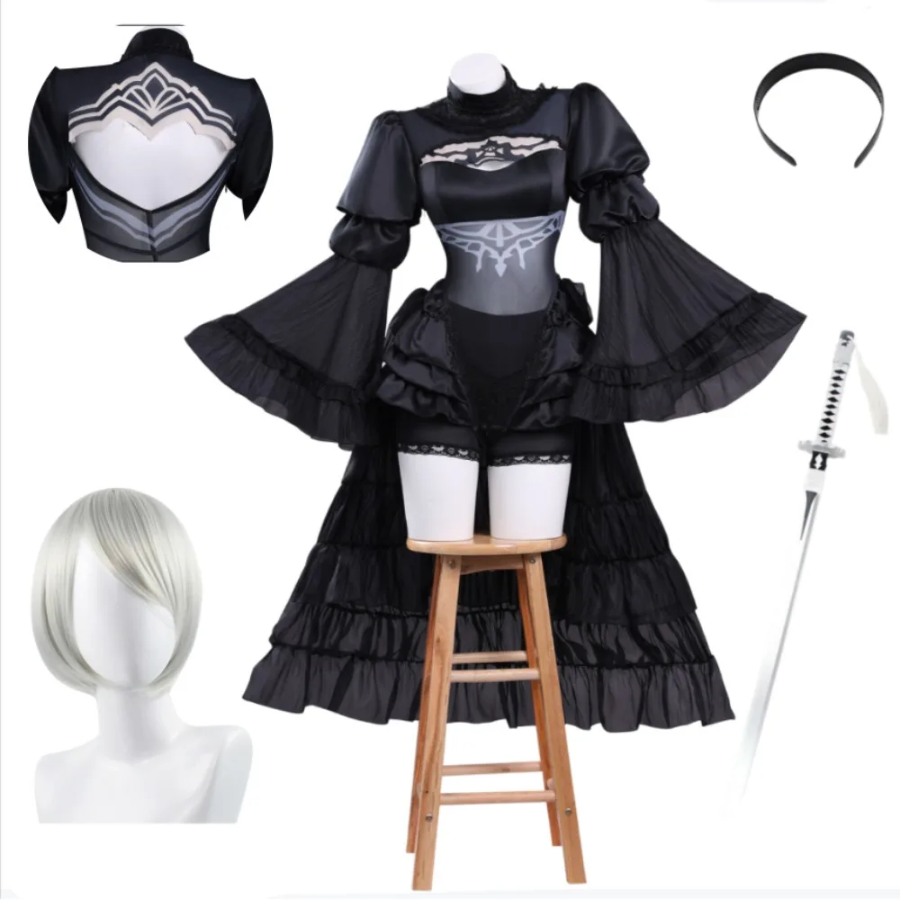

Game YoRHa 2B Black Wedding Dress Cosplay Costume Set Full Outfit Wig Adult Women Halloween Carnival Comic Con Outfit