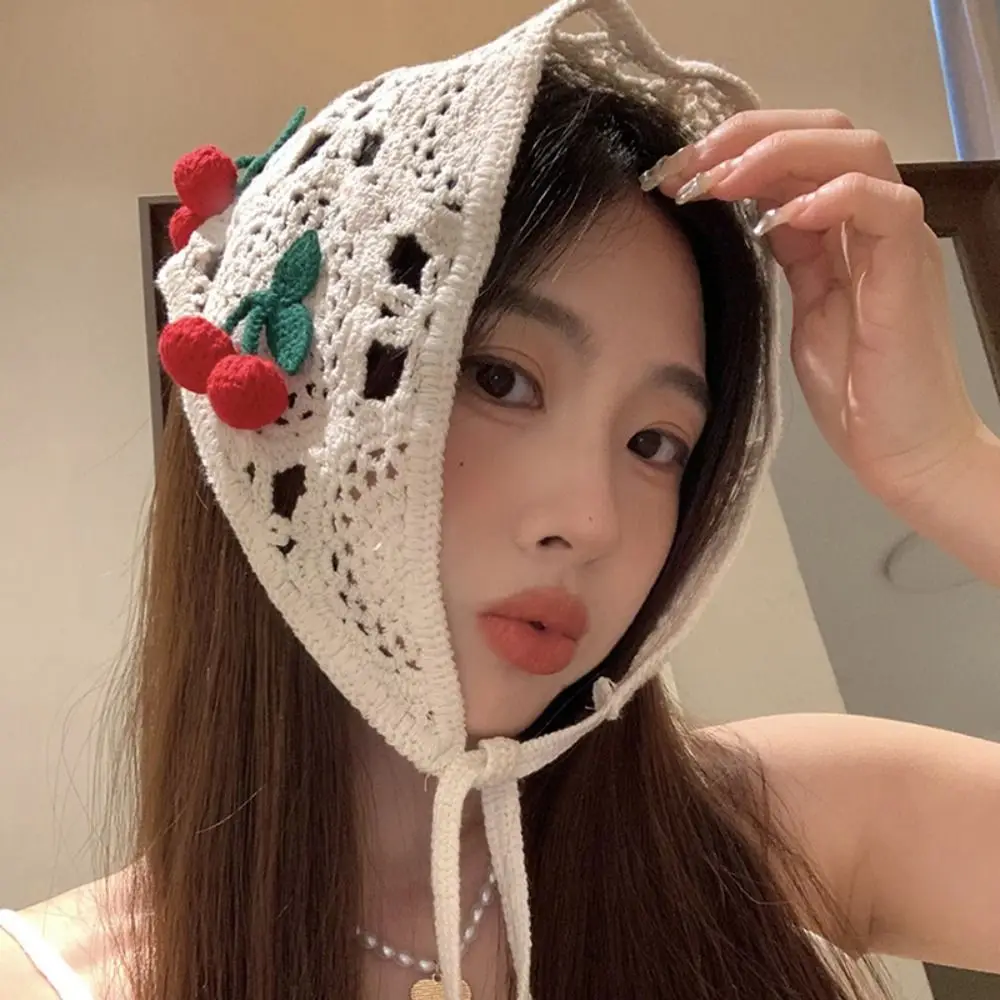 

Cute Sweet Floral Knitted Headband Flower Cherry Ethnic Style Turban Pastoral Hollow Out Bohemian Hair Band Girls