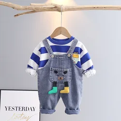 Baby Boy Designer Clothes Christmas Outfits for Kids Cartoon Striped Long Sleeved T-shirts Tops + Denim Overalls Boys Tracksuits