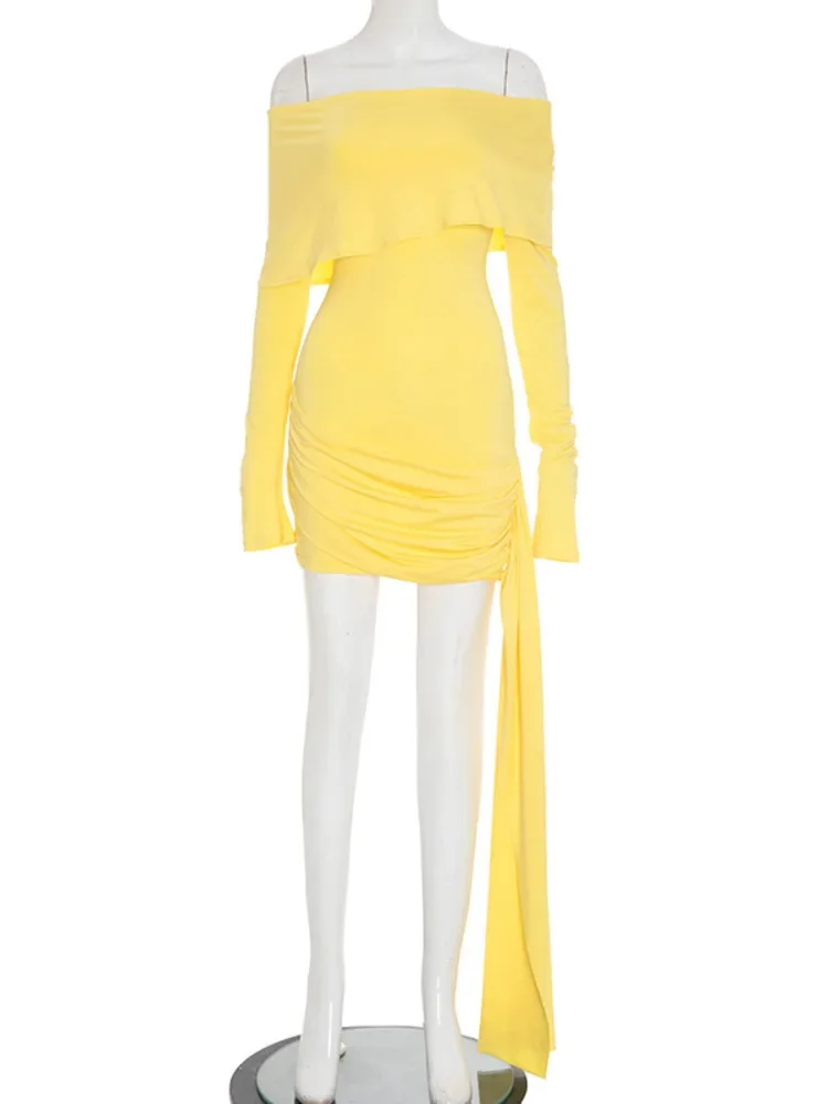 EOENKKY Off-shoulder Long Sleeve Sexy Mini Dress Women Fashion Strapless Backless Draped Ruched Club Party Dresses Female