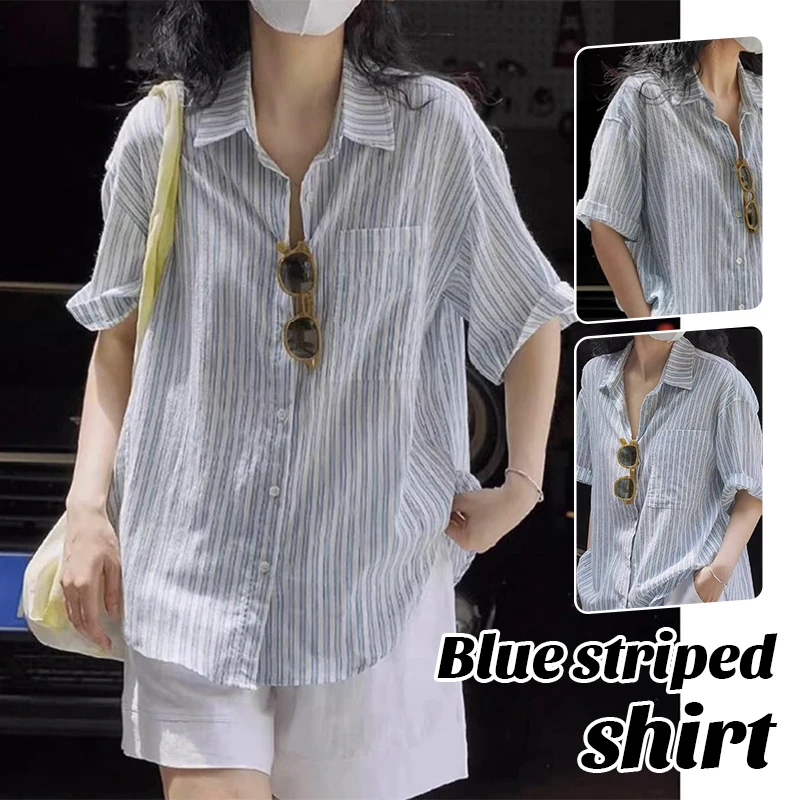 

Летняя винтажная хлопково-льняная рубашка с короткими рукавами, женская свободная рубашка для похудения, повседневная дышащая рубашка с защитой от солнца