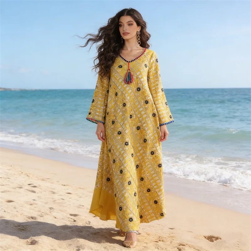 

Праздничное платье-джеллаба с вышивкой и бахромой, абайя, дубайский кафтан, женское мусульманское платье для вечеринок, турецкий кафтан, арабская роба, женское мусульманское платье, Vestidos