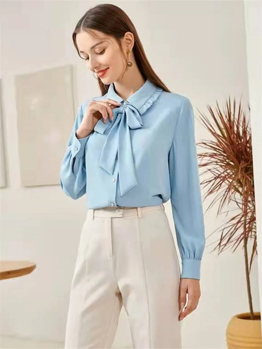 Women Summer Spring Shirts Lady Fashion Casual Long Sleeve Bow Tie Collar Solid Color Office Elegant Blusas Tops G2381