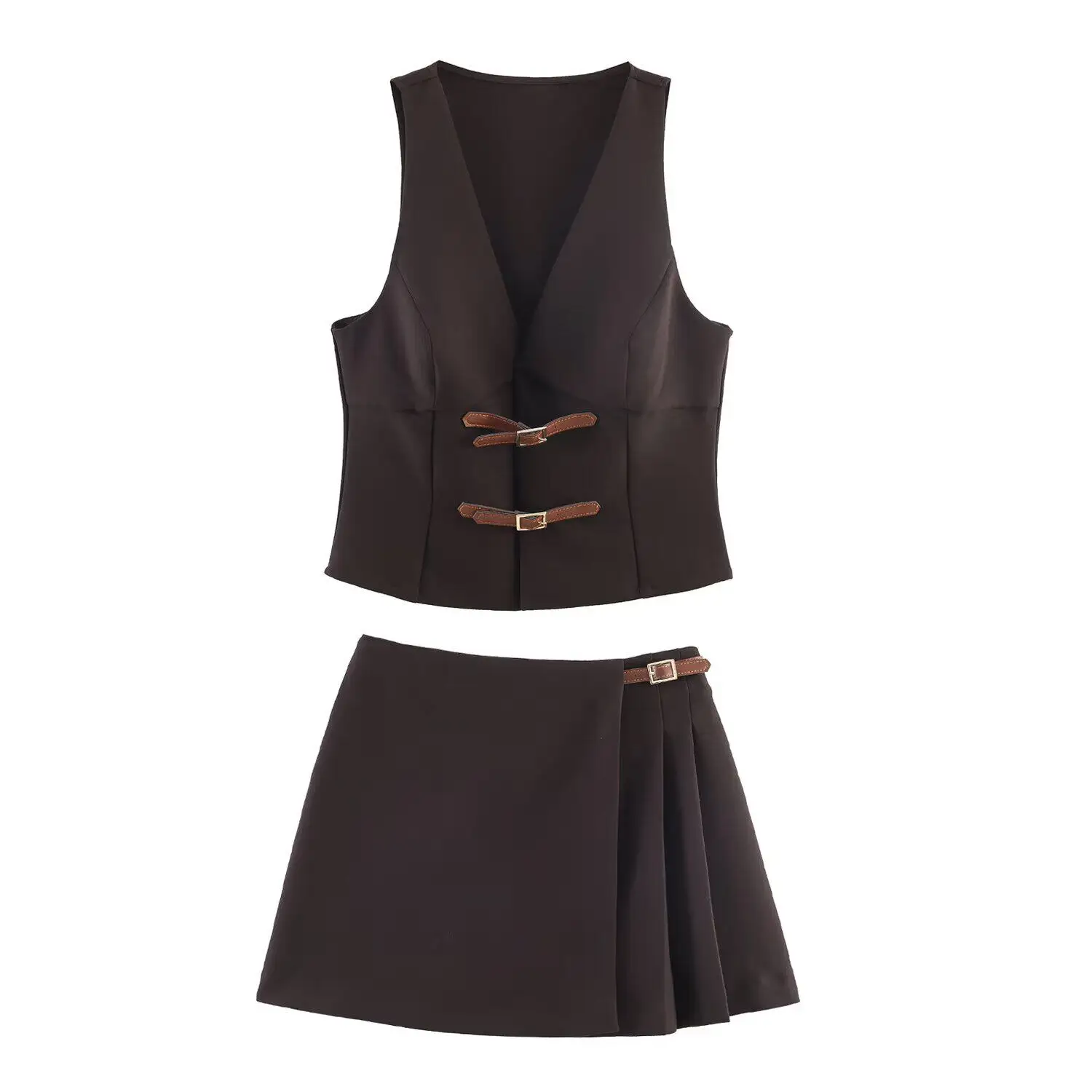 

Модный женский комплект из двух предметов с поясной петлей, лето 2026, новый американский стиль, персонализированный топ с V-образным вырезом, повседневная свободная плиссированная юбка