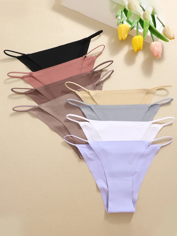 FINETOO 6Pcs Seamless Ice Silk Underwear for Women Sexy Thin Strap Briefs Girls Low Waist Breathable Panties No Trace Lingerie image 2