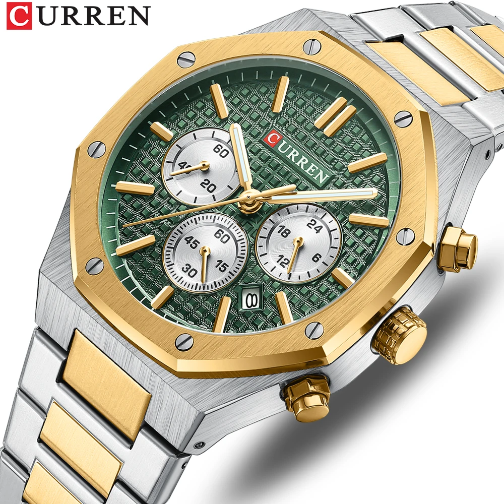 CURREN Fashion Quartz Square Design Dial Sports Stainless Steel Bracelet Luminous Hands Wrist Watches with Chronograph Function