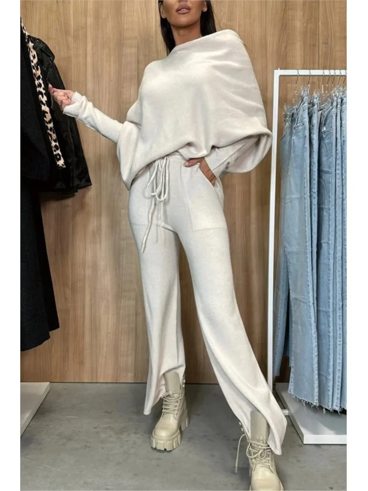Autumn Winter Fashion 2Pcs/Sets Women Off Shoulder Bat Sleeves Sweatshirt Elastic Waist Flared Sweatpants Casual Tracksuit Suit