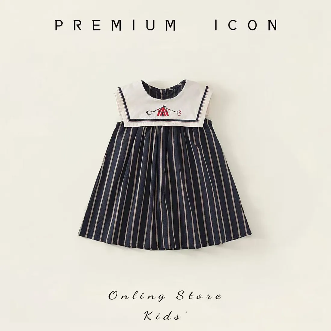 2026 New Classic Striped Little Girl Naval Turn-down Collar Dress Circus Pattern Sleeveless Fashion Outfit for 90-140cm