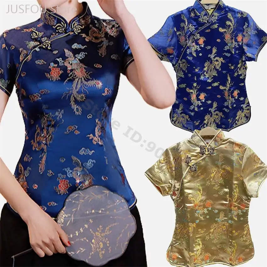 Women Plus Size 3Xl 4Xl Satin Tang Suit Blouse Chinese Style Button Down Qipao Top Elegant Shirt for Wedding Party Clothing