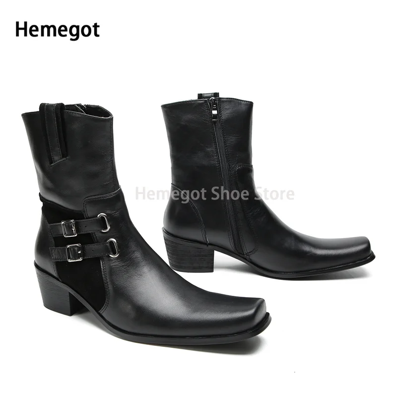 

Black Square Toe Side Zipper Leather Boots for Male Double Buckle Design Korean Style Men's Banquet Trendy High-Heeled Boots