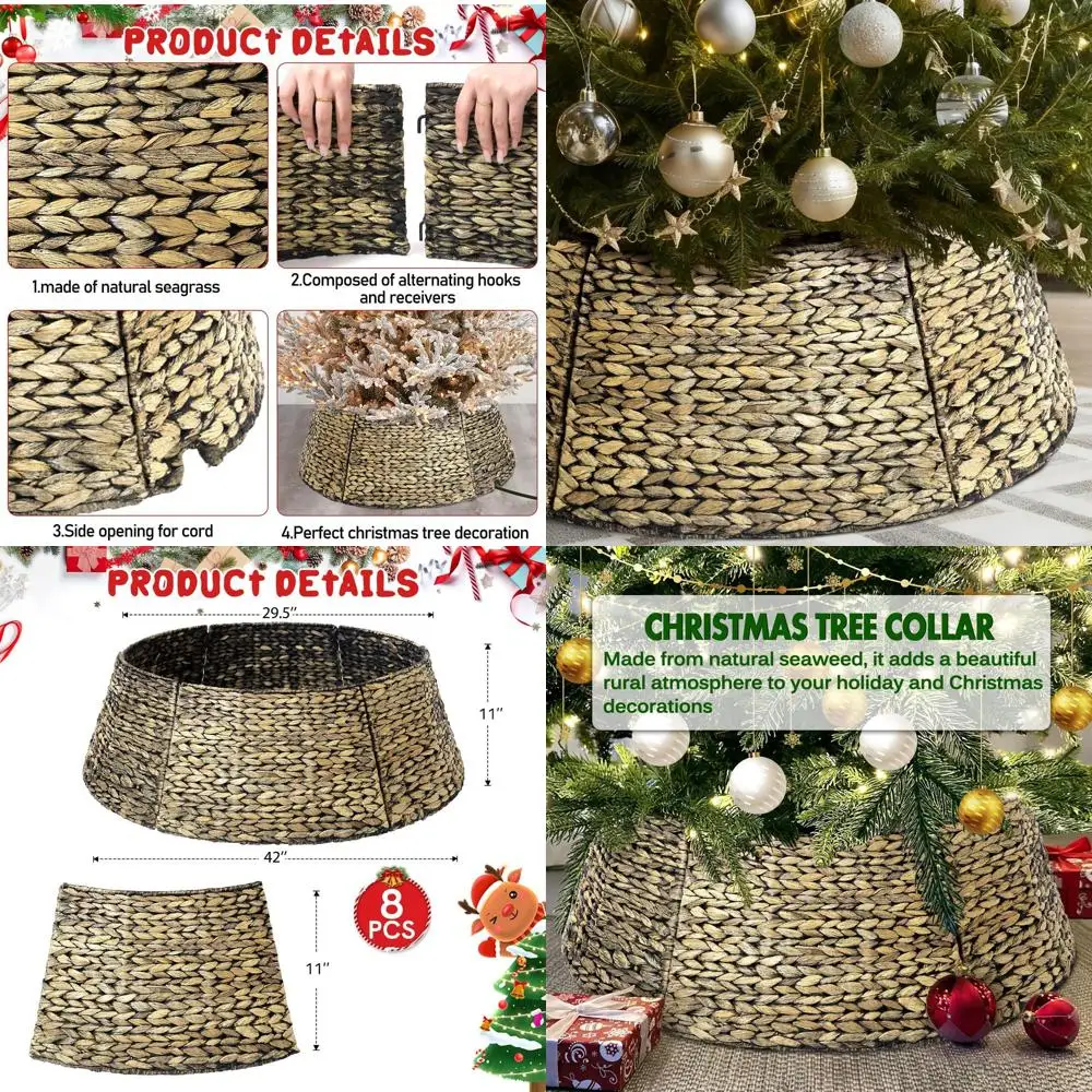 

Rustic Farmhouse Christmas Tree Collar, 42 Rattan Tree Skirt, Woven Holiday Tree Ring Accessory for Home Living Room Decoration,