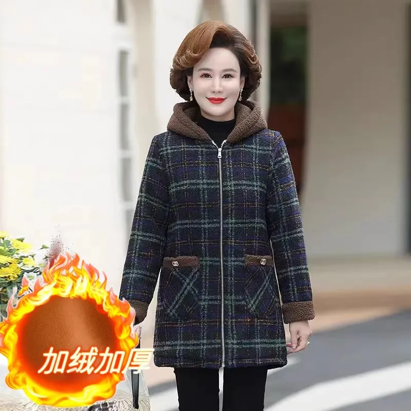 Large Size 5XL Women\'s Clothing Middle-Elderly Mothers Autumn And Winter Plush And Thick Coat Women\'s Loose Hooded Jacket Cotton