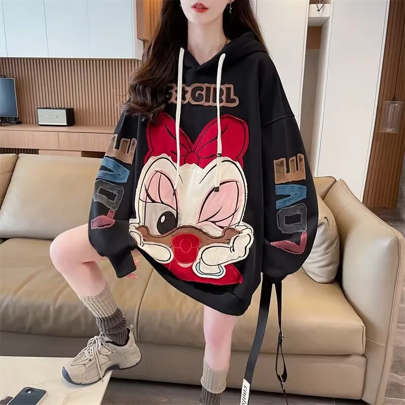 

Kawaii Girl Daisy Duck Patch Hoodie Preppy Style Spring Autumn New Loose Big Bow Hoodies Top Sweatshirts Harajuku Women Clothing