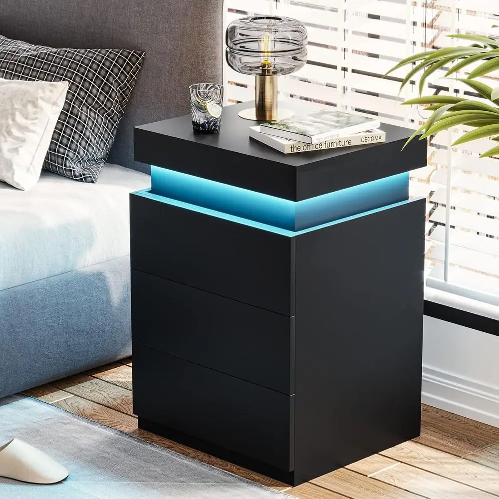 LED-lit Charging Station Nightstand with Sliding Top and Drawers in Modern Black image 4