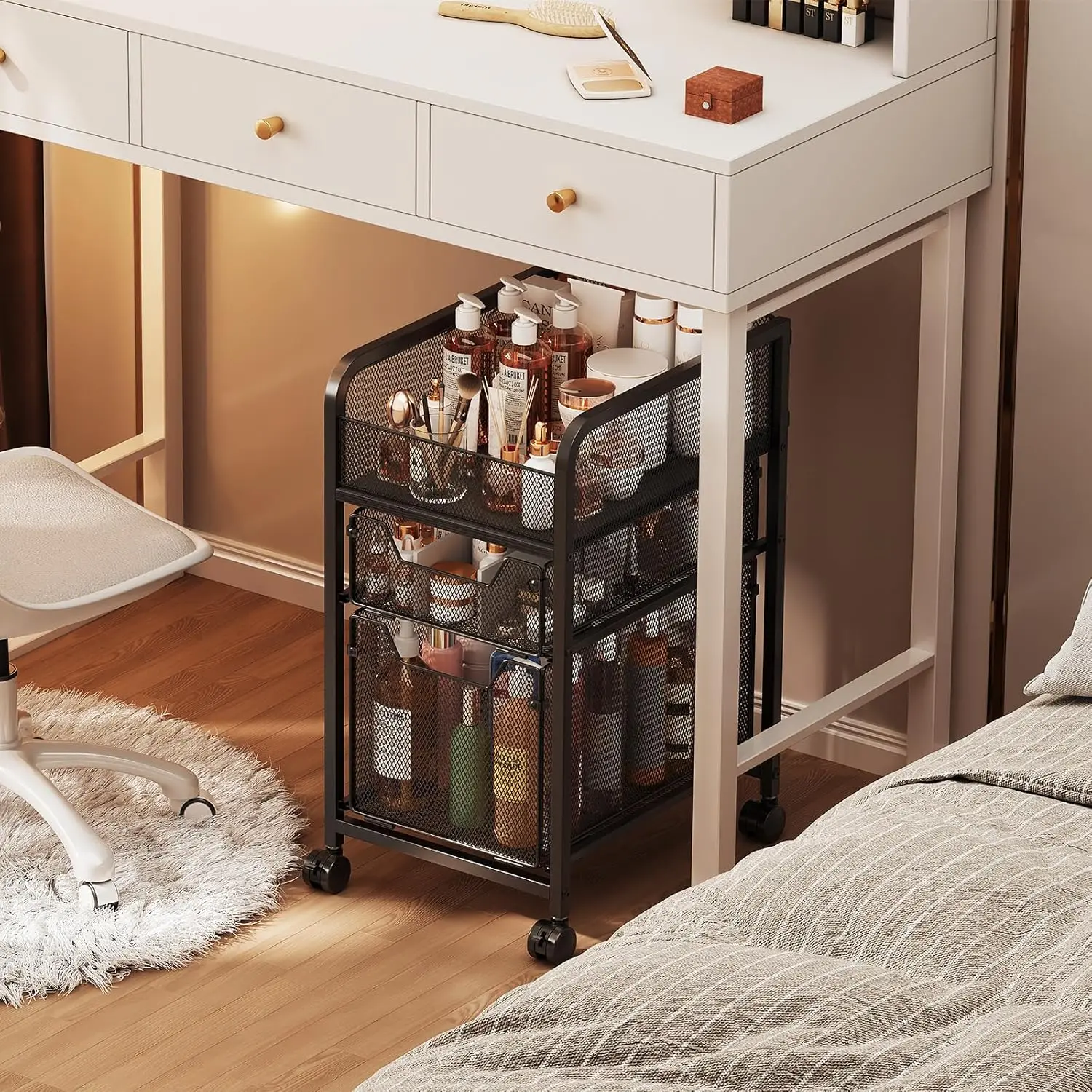 

Передвижная тележка для косметики с 2 ящиками, узкий органайзер для ухода за кожей на туалетный столик, подставка-витрина для косметики и аксессуаров