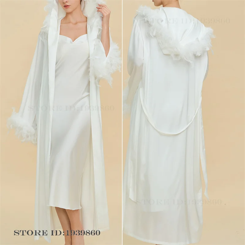 

Luxury Feather Hooded Bathrobe Wedding Long Robe Nightgown Set High Quality Women Sleepwear Home Dress Rayon Loungewear Lingerie