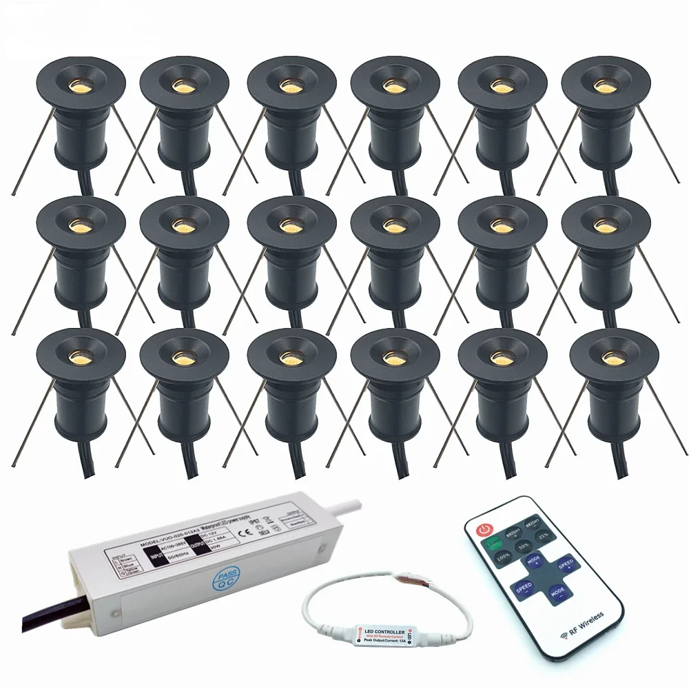 

12V Mini LED Spot Downlights 1W Dimmable Ceiling Lamp Set Remote Controller 15mm Recessed Black Silver White Cabinet Lights