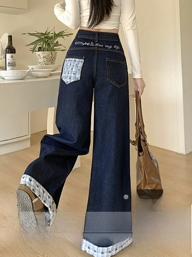 

Джинсы женские широкие в американском винтажном стиле в клетку, больших размеров, свободные прямые длинные брюки на осень-зиму с низкой талией и застежкой-молнией